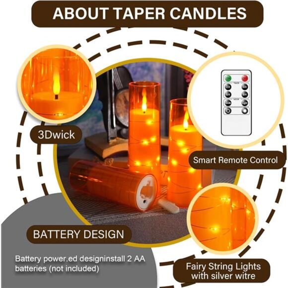 5 Pc Flameless LED Candles with Timer - Orange, Flickering, Star String Decor - Picture 2 of 6